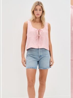 VRG GRL Nessa 100% Linen Tie-Front Sleeveless Pink Smock Top Spring Summer XL